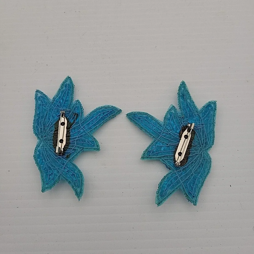 VTG 2 Sequin Rhinestone Beaded‎ Blue Leaf & Blossom Pin On Appliques